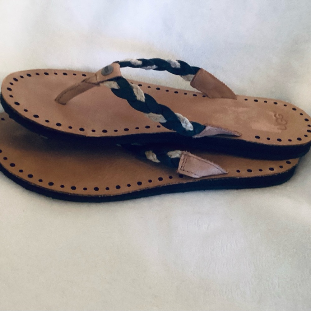UGG Tan and Black Leather Sandals with Minimalist Design